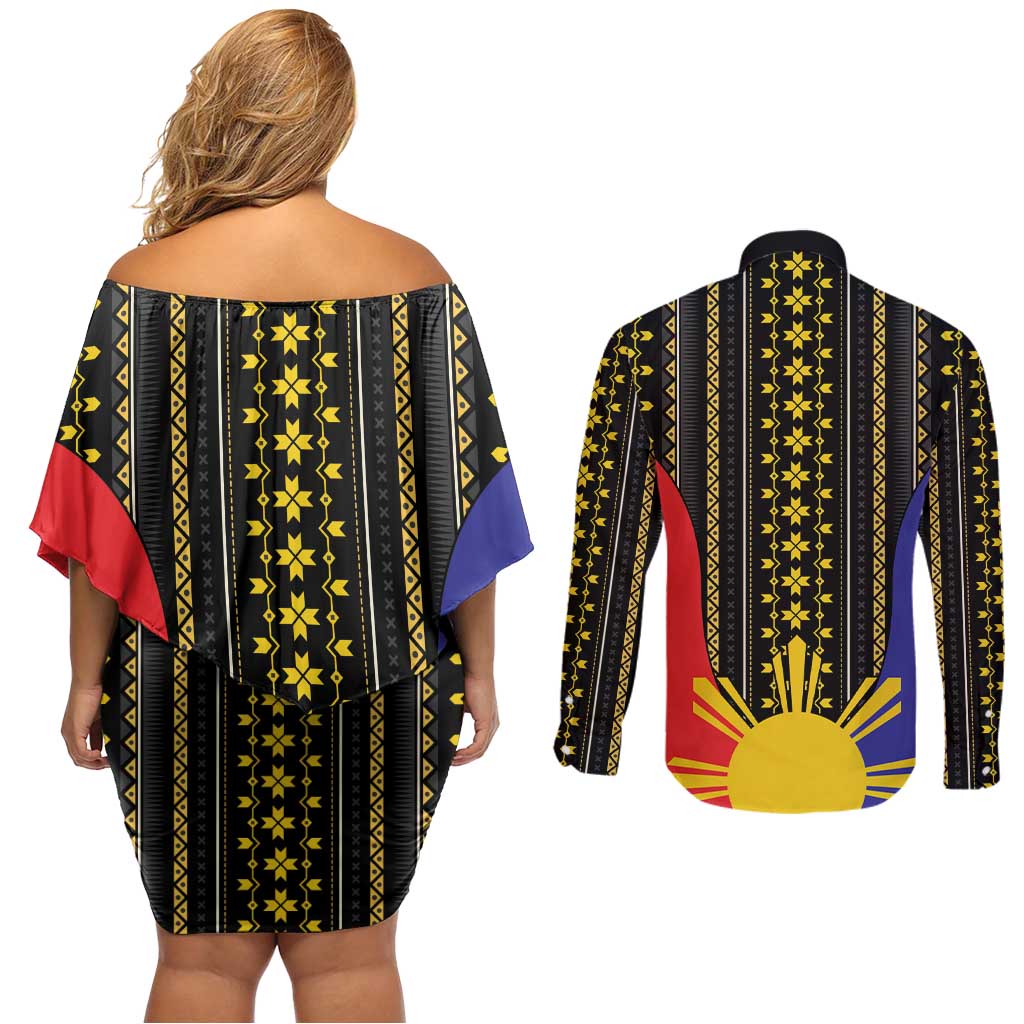 Afro Pinoy Blackapino Half Black Filipino Couples Matching Off Shoulder Short Dress and Long Sleeve Button Shirt