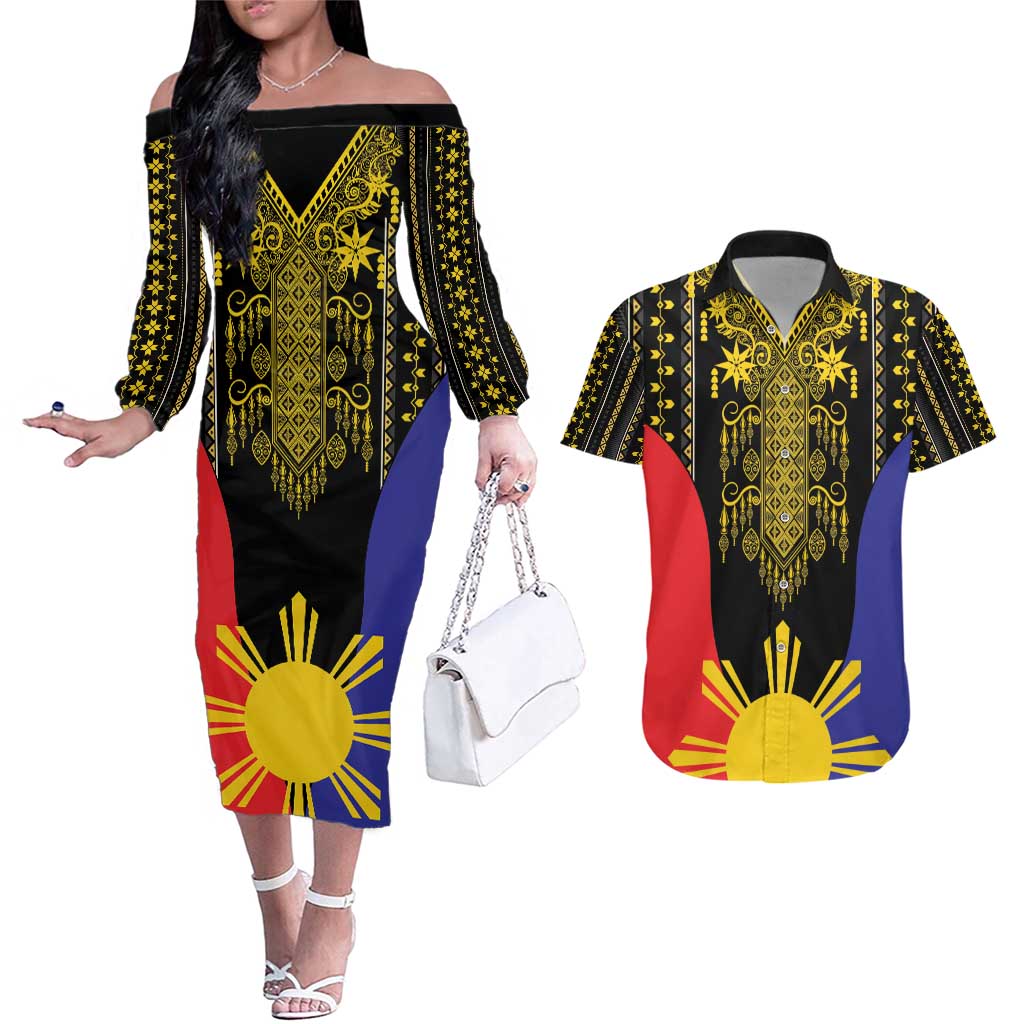 Afro Pinoy Blackapino Half Black Filipino Couples Matching Off The Shoulder Long Sleeve Dress and Hawaiian Shirt