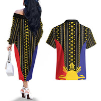 Afro Pinoy Blackapino Half Black Filipino Couples Matching Off The Shoulder Long Sleeve Dress and Hawaiian Shirt