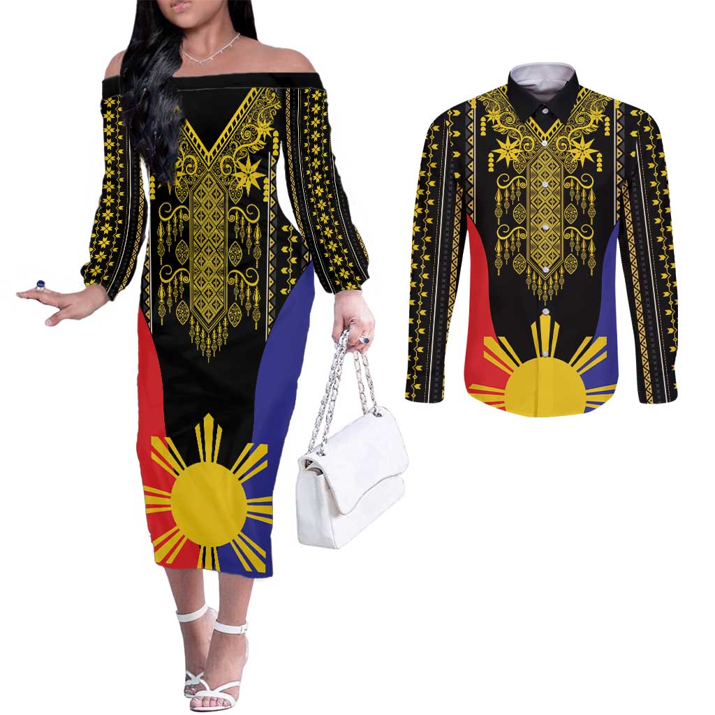 Afro Pinoy Blackapino Half Black Filipino Couples Matching Off The Shoulder Long Sleeve Dress and Long Sleeve Button Shirt