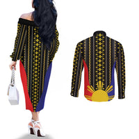 Afro Pinoy Blackapino Half Black Filipino Couples Matching Off The Shoulder Long Sleeve Dress and Long Sleeve Button Shirt