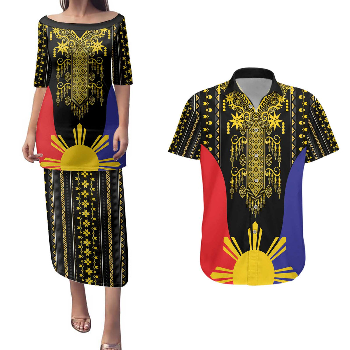Afro Pinoy Blackapino Half Black Filipino Couples Matching Puletasi and Hawaiian Shirt