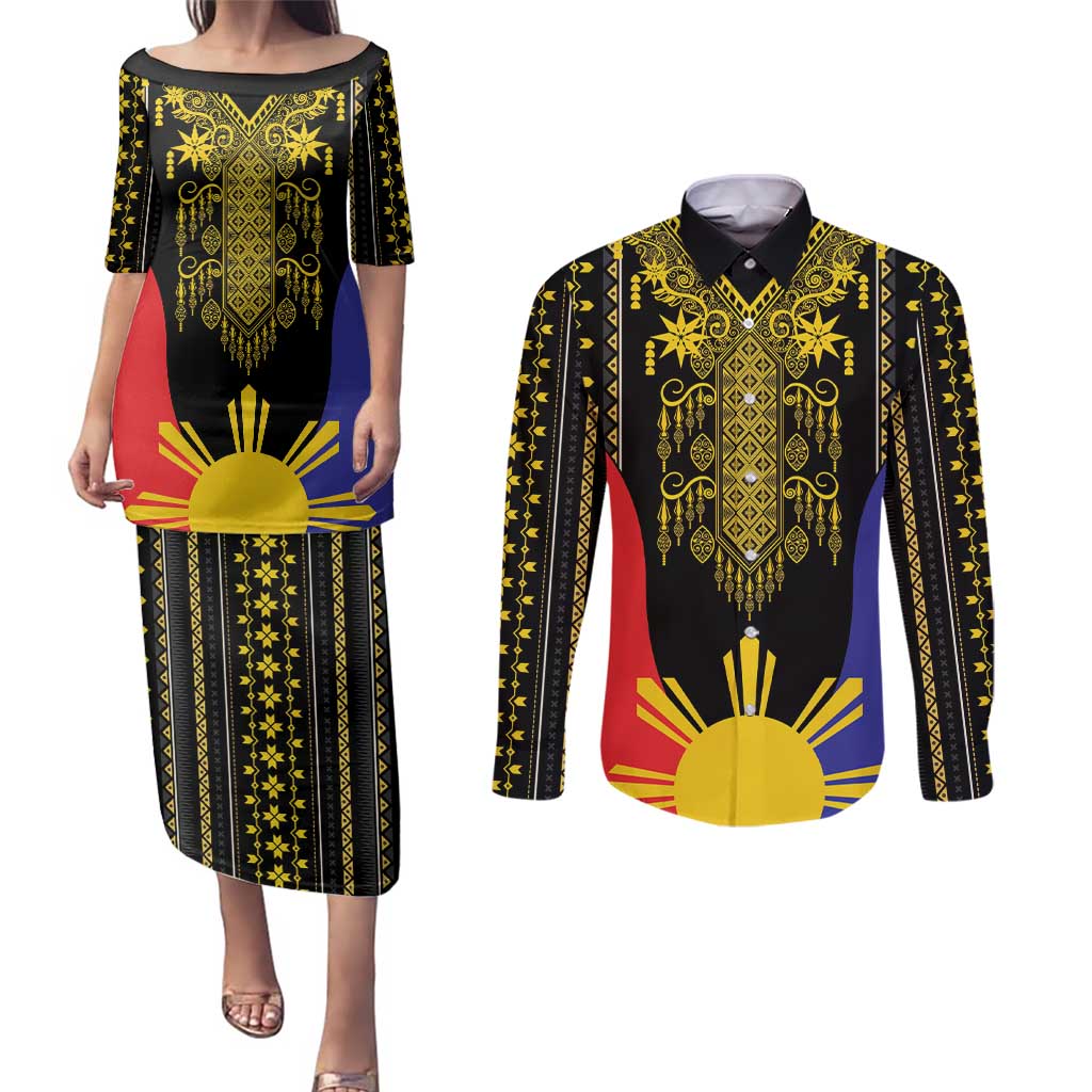 Afro Pinoy Blackapino Half Black Filipino Couples Matching Puletasi and Long Sleeve Button Shirt