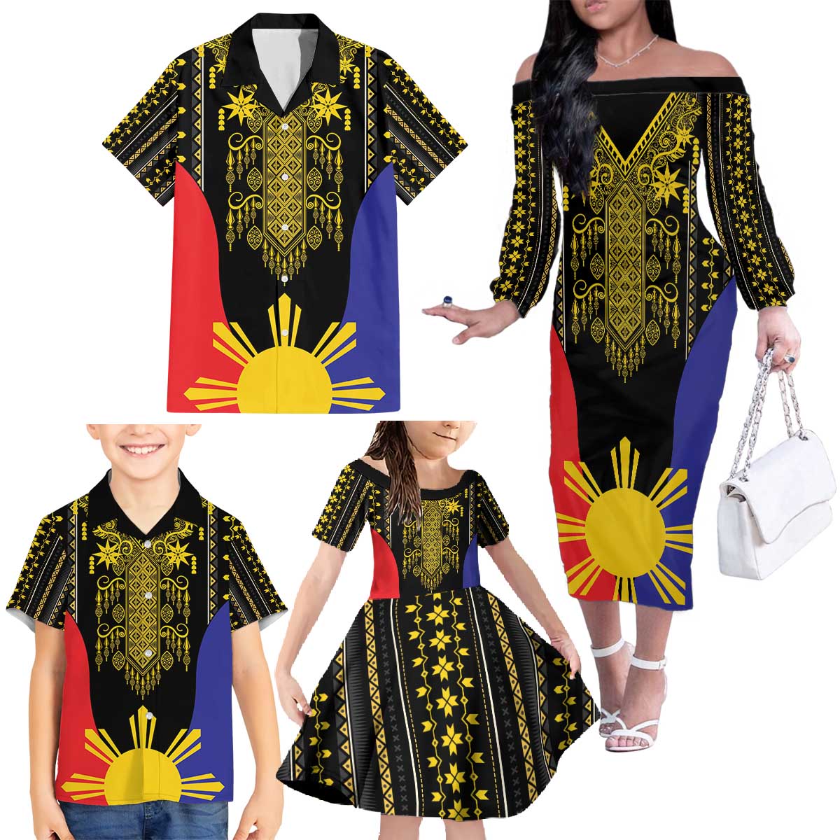 Afro Pinoy Blackapino Half Black Filipino Family Matching Off The Shoulder Long Sleeve Dress and Hawaiian Shirt