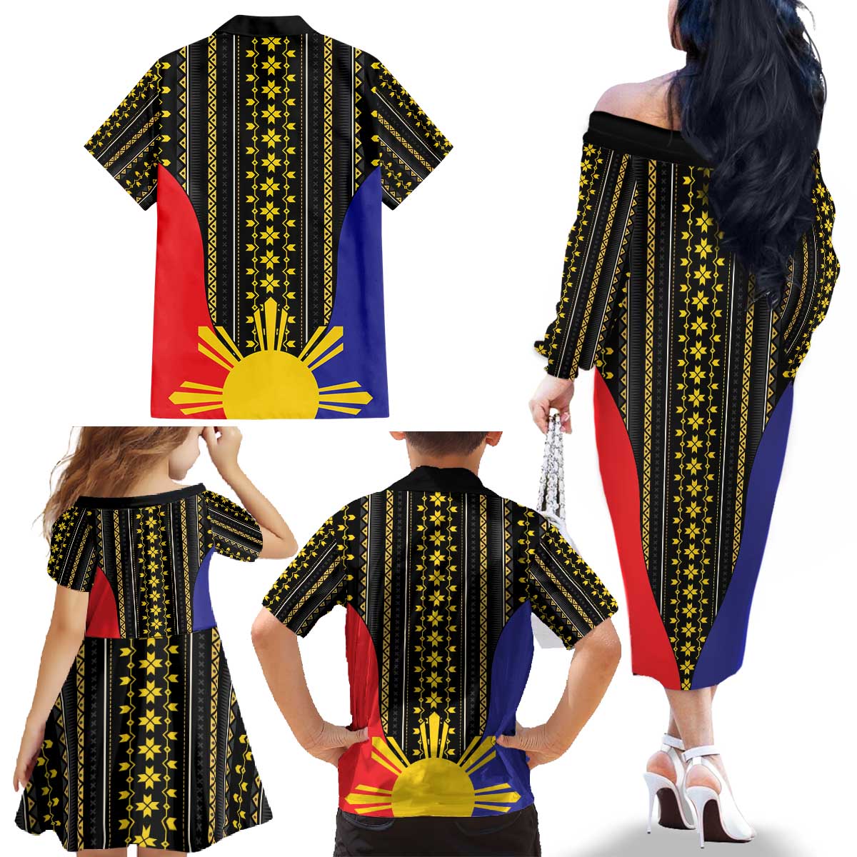 Afro Pinoy Blackapino Half Black Filipino Family Matching Off The Shoulder Long Sleeve Dress and Hawaiian Shirt