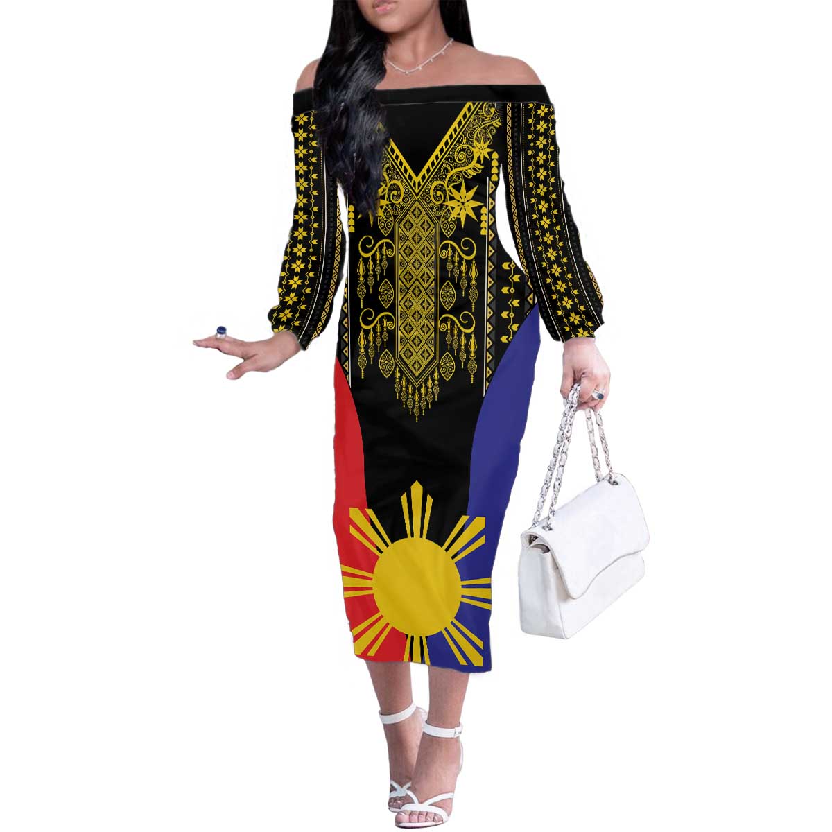 Afro Pinoy Blackapino Half Black Filipino Family Matching Off The Shoulder Long Sleeve Dress and Hawaiian Shirt