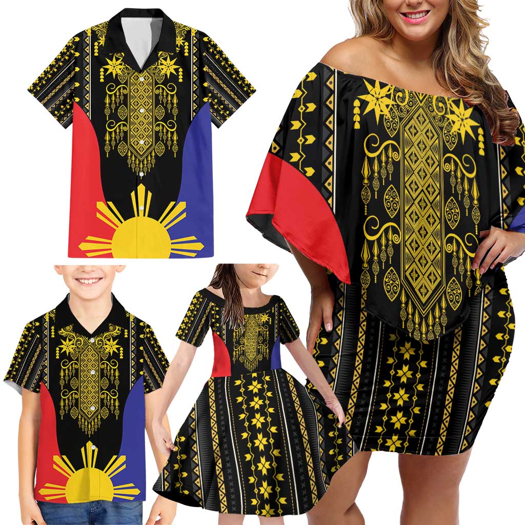 Afro Pinoy Blackapino Half Black Filipino Family Matching Off Shoulder Short Dress and Hawaiian Shirt