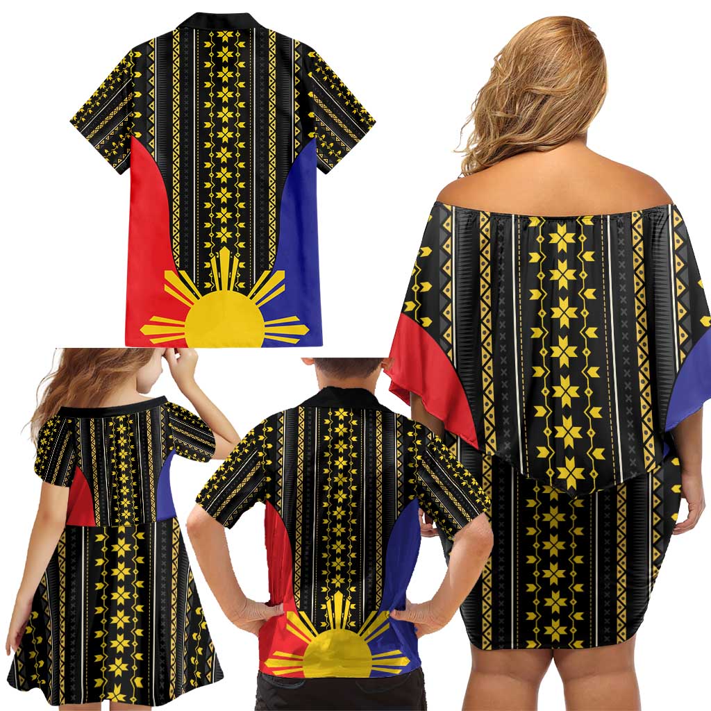 Afro Pinoy Blackapino Half Black Filipino Family Matching Off Shoulder Short Dress and Hawaiian Shirt
