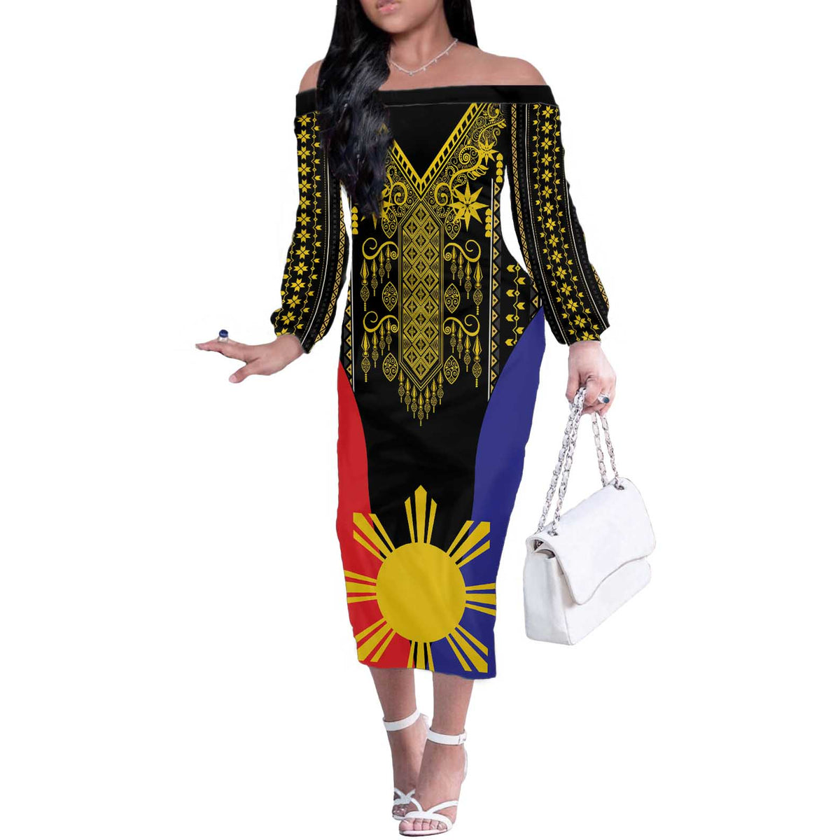 Afro Pinoy Blackapino Half Black Filipino Off The Shoulder Long Sleeve Dress