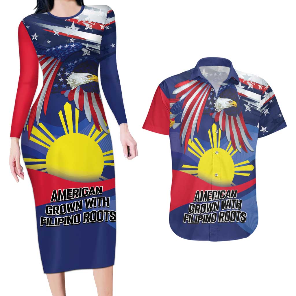 Personalized American Grown With Filipino Roots Couples Matching Long Sleeve Bodycon Dress and Hawaiian Shirt