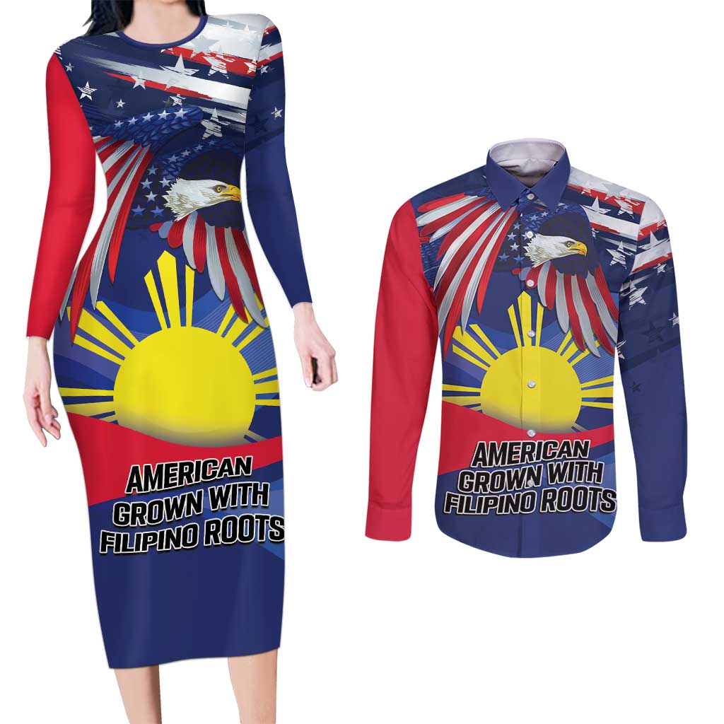 Personalized American Grown With Filipino Roots Couples Matching Long Sleeve Bodycon Dress and Long Sleeve Button Shirt