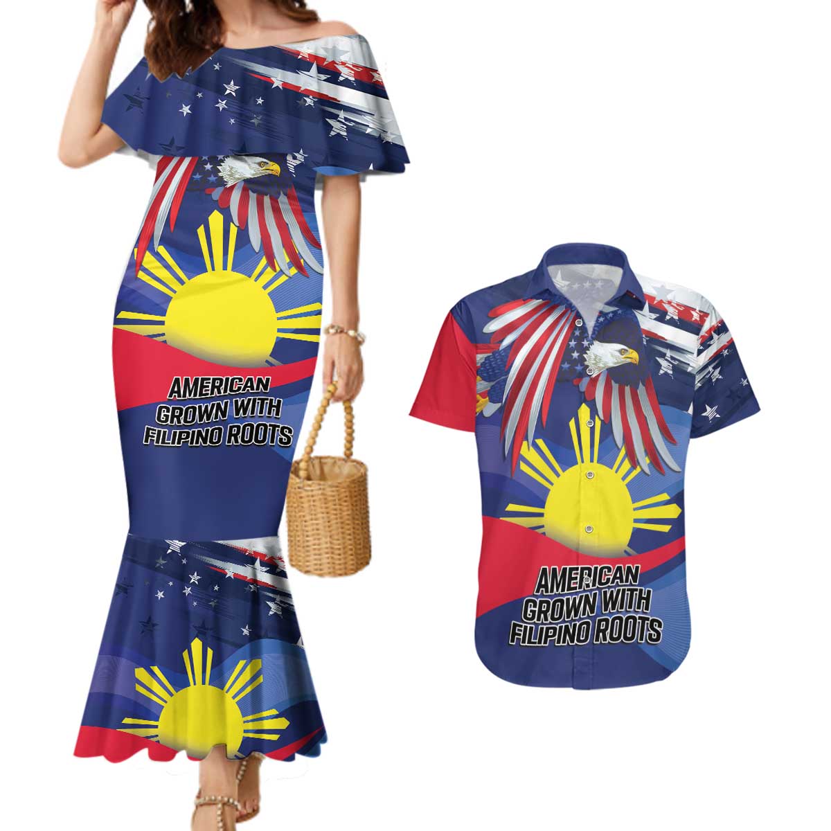 Personalized American Grown With Filipino Roots Couples Matching Mermaid Dress and Hawaiian Shirt