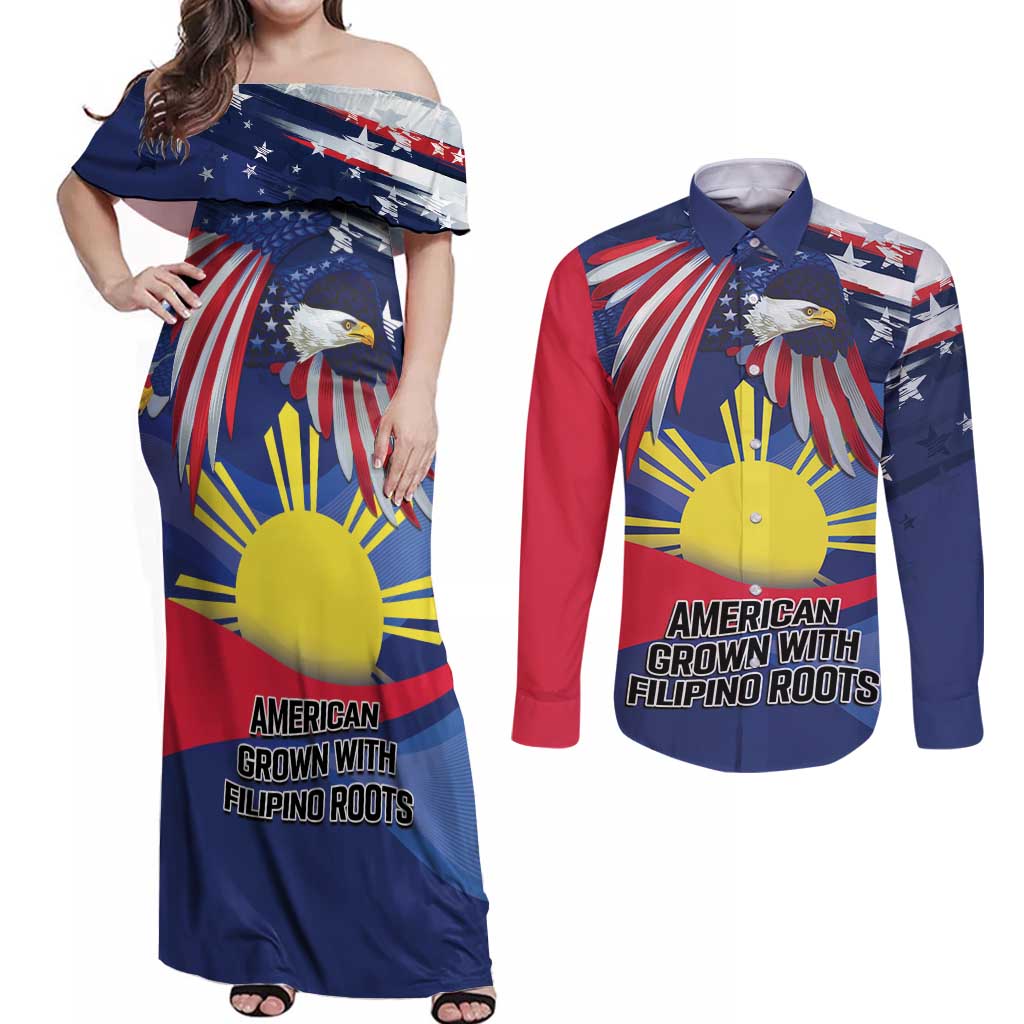 Personalized American Grown With Filipino Roots Couples Matching Off Shoulder Maxi Dress and Long Sleeve Button Shirt