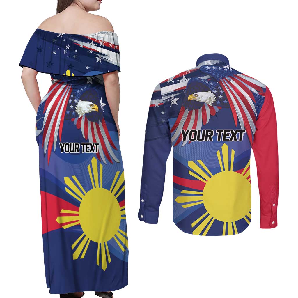 Personalized American Grown With Filipino Roots Couples Matching Off Shoulder Maxi Dress and Long Sleeve Button Shirt