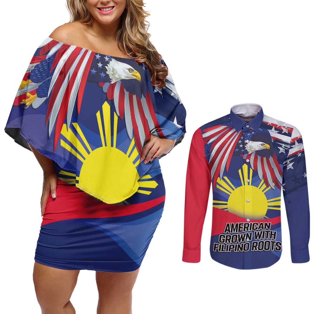 Personalized American Grown With Filipino Roots Couples Matching Off Shoulder Short Dress and Long Sleeve Button Shirt