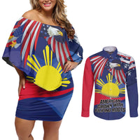Personalized American Grown With Filipino Roots Couples Matching Off Shoulder Short Dress and Long Sleeve Button Shirt