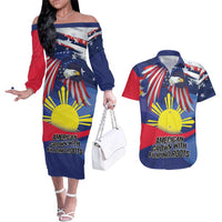 Personalized American Grown With Filipino Roots Couples Matching Off The Shoulder Long Sleeve Dress and Hawaiian Shirt