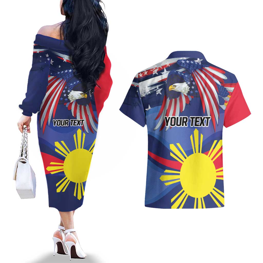 Personalized American Grown With Filipino Roots Couples Matching Off The Shoulder Long Sleeve Dress and Hawaiian Shirt
