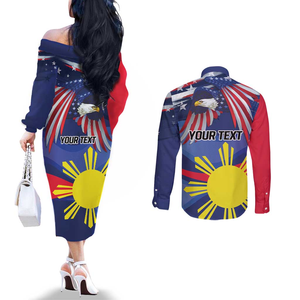 Personalized American Grown With Filipino Roots Couples Matching Off The Shoulder Long Sleeve Dress and Long Sleeve Button Shirt