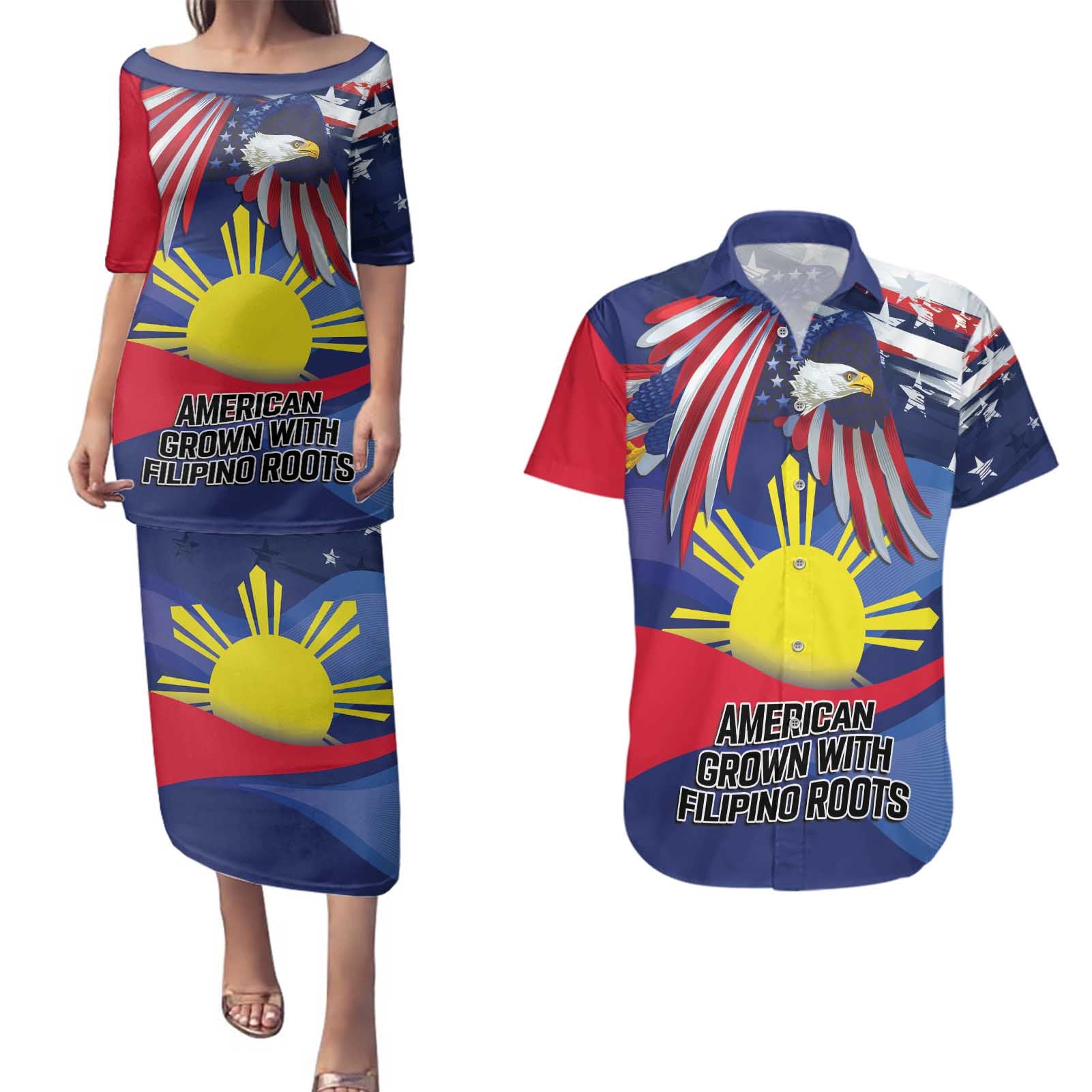 Personalized American Grown With Filipino Roots Couples Matching Puletasi and Hawaiian Shirt