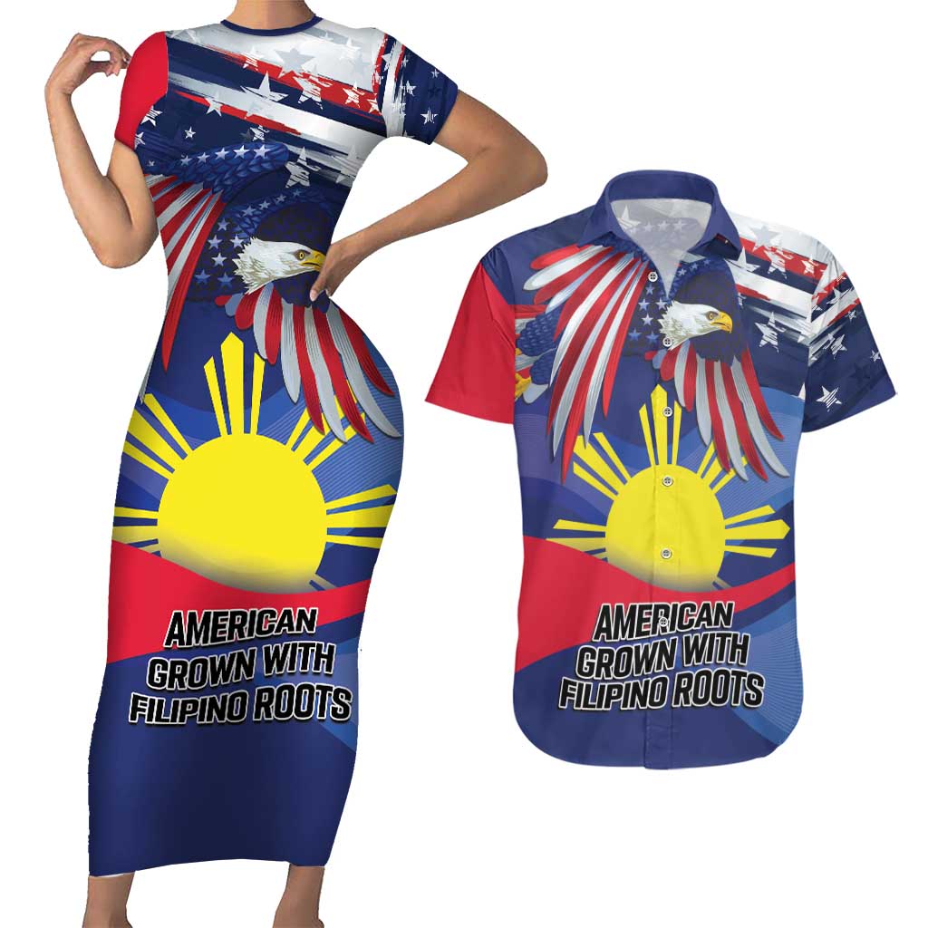 Personalized American Grown With Filipino Roots Couples Matching Short Sleeve Bodycon Dress and Hawaiian Shirt