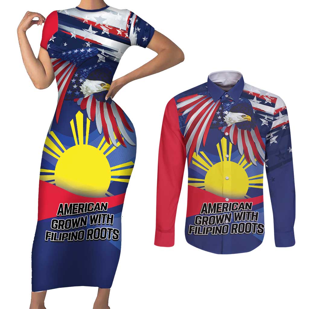 Personalized American Grown With Filipino Roots Couples Matching Short Sleeve Bodycon Dress and Long Sleeve Button Shirt