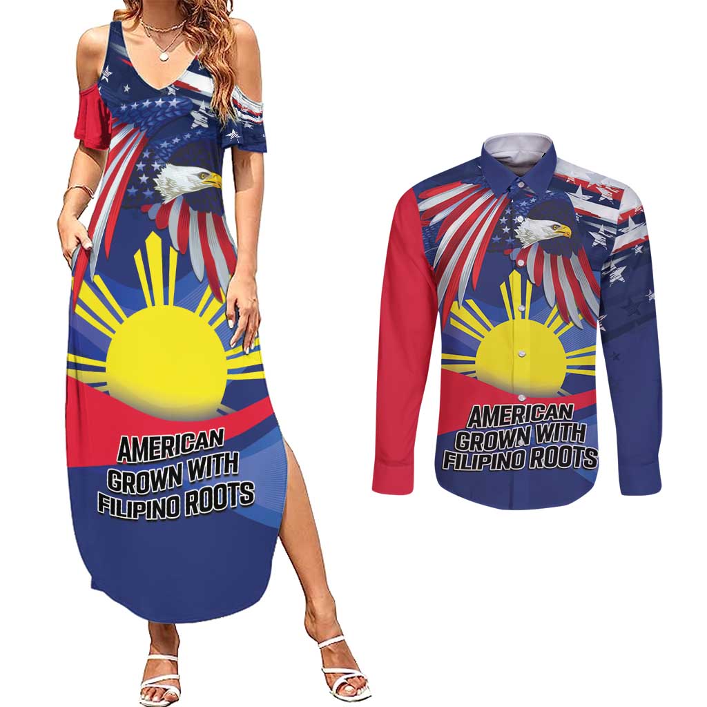 Personalized American Grown With Filipino Roots Couples Matching Summer Maxi Dress and Long Sleeve Button Shirt