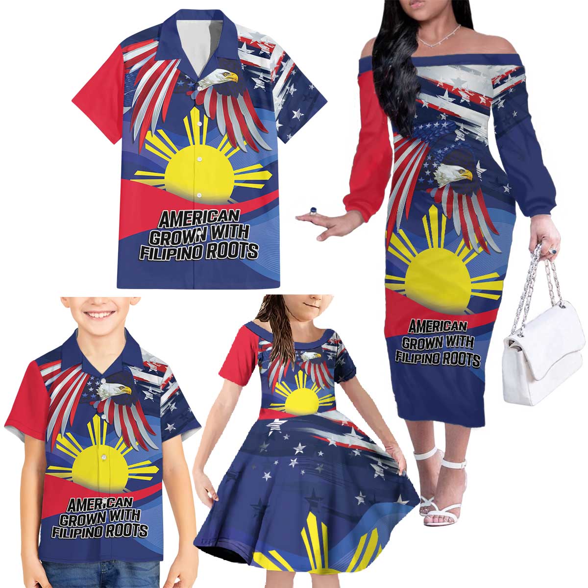 Personalized American Grown With Filipino Roots Family Matching Off The Shoulder Long Sleeve Dress and Hawaiian Shirt