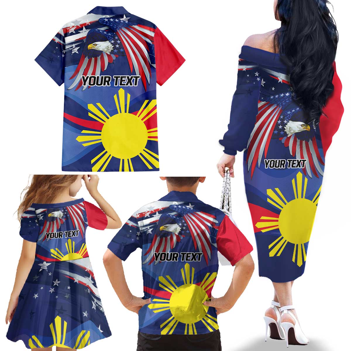 Personalized American Grown With Filipino Roots Family Matching Off The Shoulder Long Sleeve Dress and Hawaiian Shirt