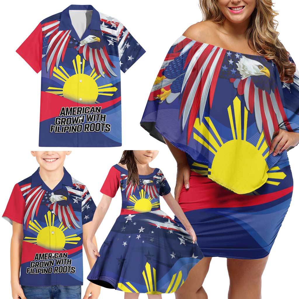 Personalized American Grown With Filipino Roots Family Matching Off Shoulder Short Dress and Hawaiian Shirt