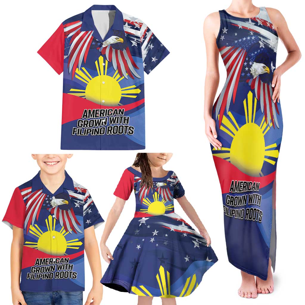 Personalized American Grown With Filipino Roots Family Matching Tank Maxi Dress and Hawaiian Shirt