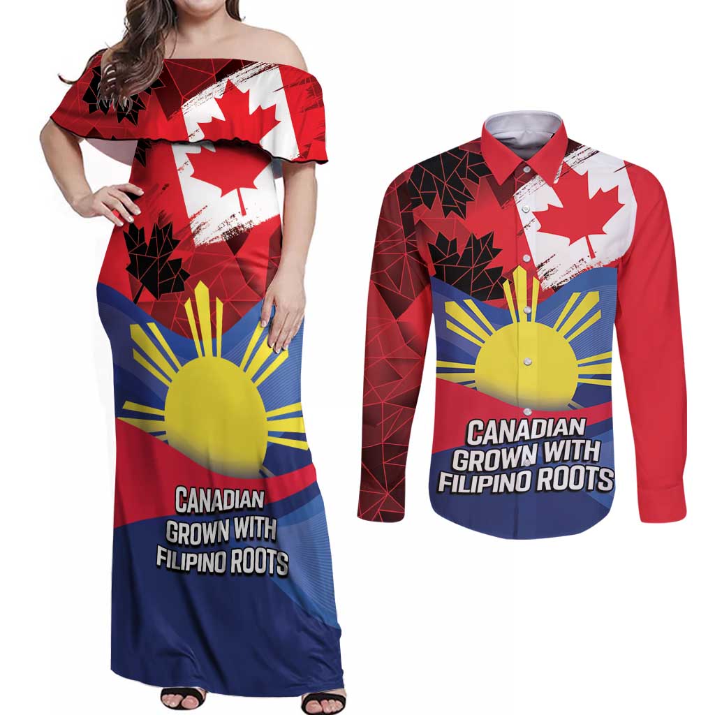 Personalized Canadian Grown With Filipino Roots Couples Matching Off Shoulder Maxi Dress and Long Sleeve Button Shirt