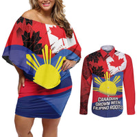 Personalized Canadian Grown With Filipino Roots Couples Matching Off Shoulder Short Dress and Long Sleeve Button Shirt