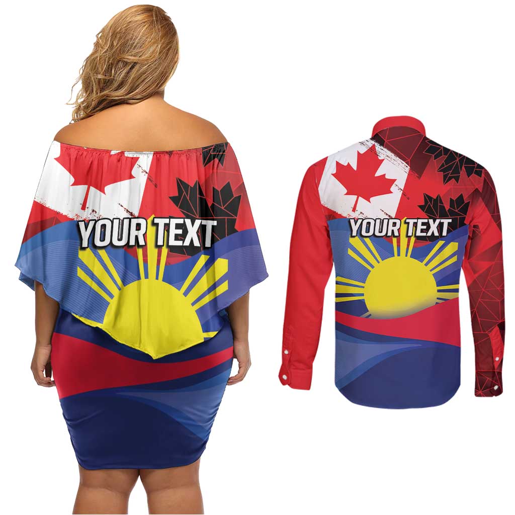 Personalized Canadian Grown With Filipino Roots Couples Matching Off Shoulder Short Dress and Long Sleeve Button Shirt