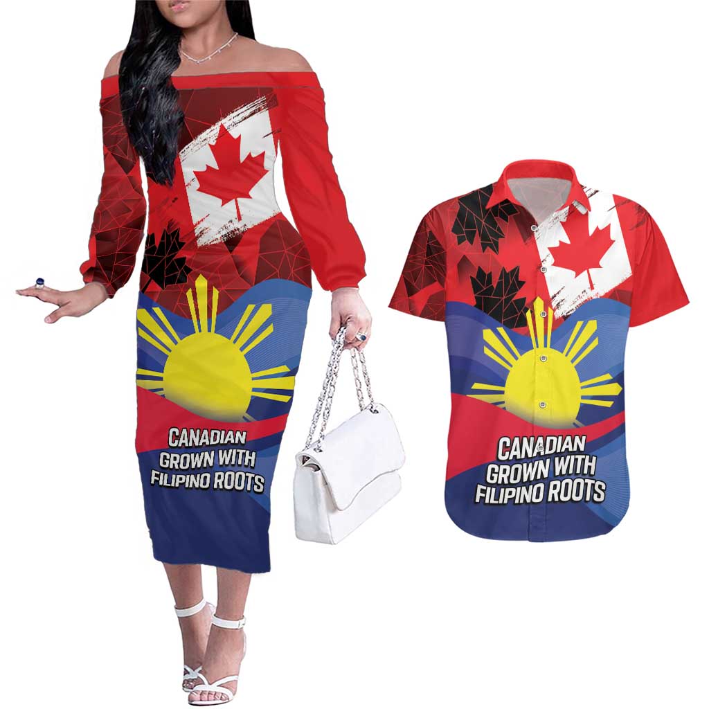 Personalized Canadian Grown With Filipino Roots Couples Matching Off The Shoulder Long Sleeve Dress and Hawaiian Shirt