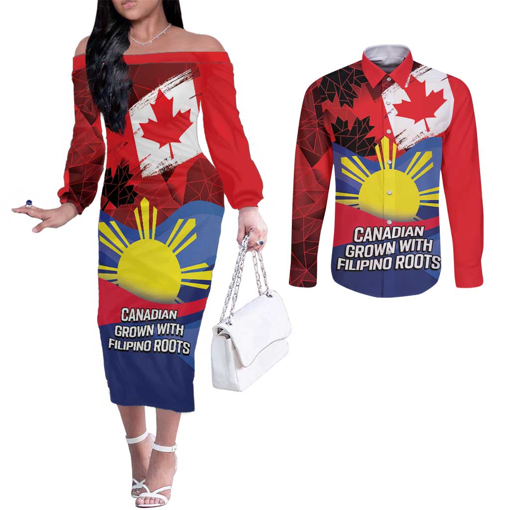 Personalized Canadian Grown With Filipino Roots Couples Matching Off The Shoulder Long Sleeve Dress and Long Sleeve Button Shirt
