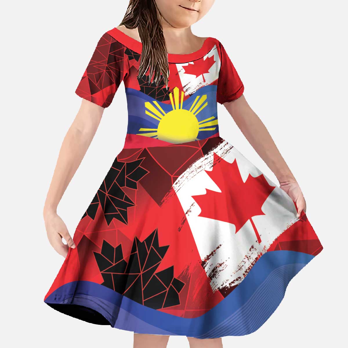 Personalized Canadian Grown With Filipino Roots Family Matching Off The Shoulder Long Sleeve Dress and Hawaiian Shirt