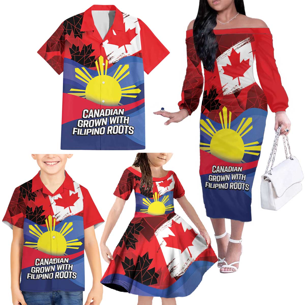 Personalized Canadian Grown With Filipino Roots Family Matching Off The Shoulder Long Sleeve Dress and Hawaiian Shirt