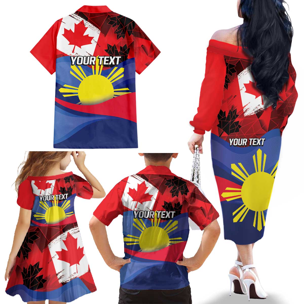Personalized Canadian Grown With Filipino Roots Family Matching Off The Shoulder Long Sleeve Dress and Hawaiian Shirt