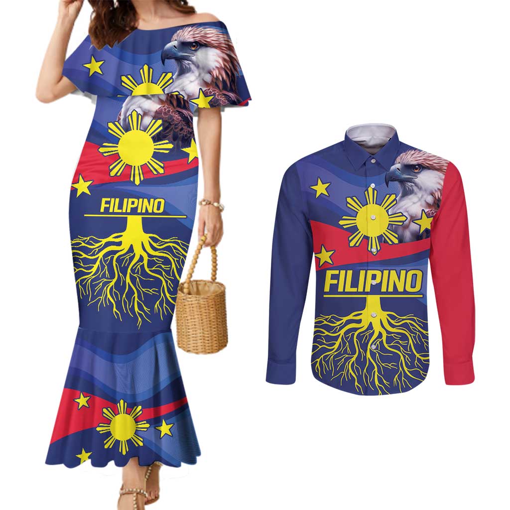 Personalized Filipino Roots Philippines Heritage Couples Matching Mermaid Dress and Long Sleeve Button Shirt