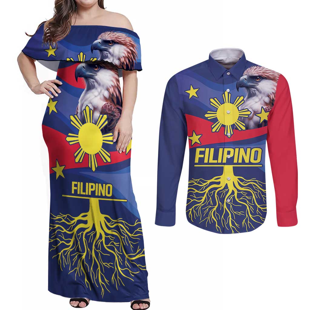 Personalized Filipino Roots Philippines Heritage Couples Matching Off Shoulder Maxi Dress and Long Sleeve Button Shirt