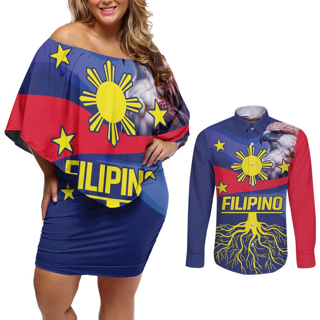 Personalized Filipino Roots Philippines Heritage Couples Matching Off Shoulder Short Dress and Long Sleeve Button Shirt