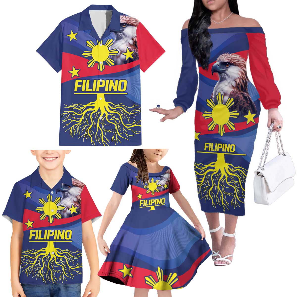 Personalized Filipino Roots Philippines Heritage Family Matching Off The Shoulder Long Sleeve Dress and Hawaiian Shirt