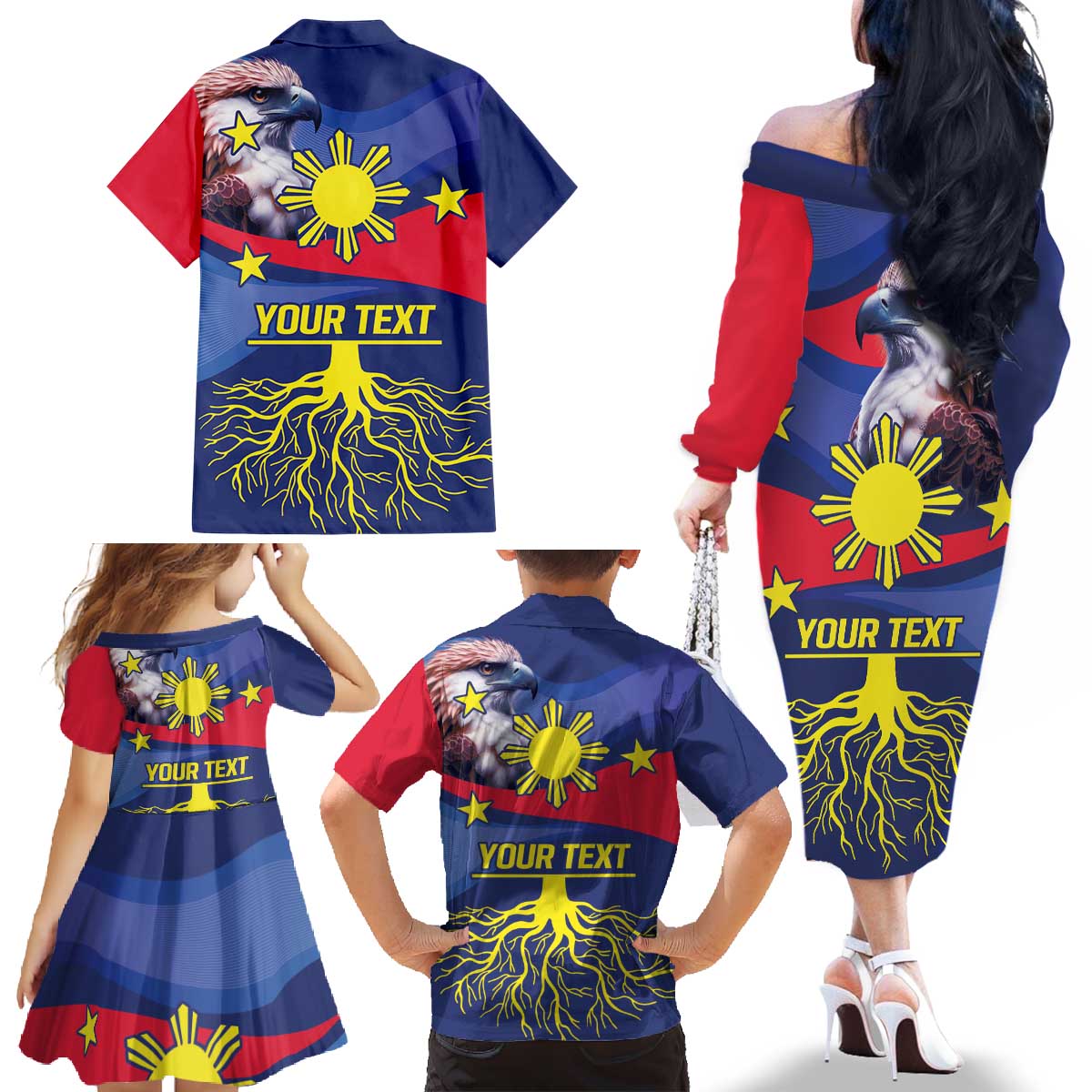Personalized Filipino Roots Philippines Heritage Family Matching Off The Shoulder Long Sleeve Dress and Hawaiian Shirt