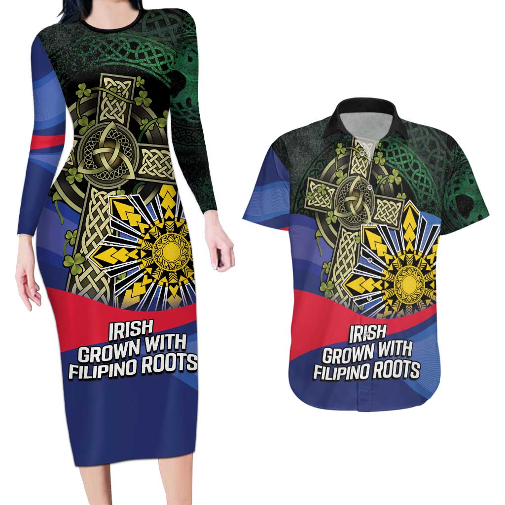 Personalized Irish Grown With Filipino Roots Couples Matching Long Sleeve Bodycon Dress and Hawaiian Shirt