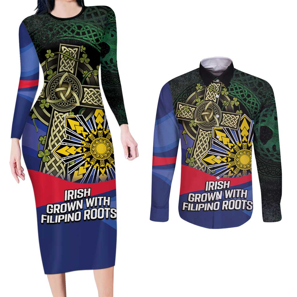Personalized Irish Grown With Filipino Roots Couples Matching Long Sleeve Bodycon Dress and Long Sleeve Button Shirt