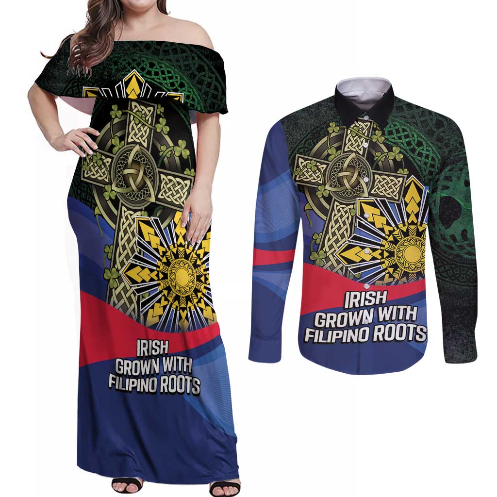 Personalized Irish Grown With Filipino Roots Couples Matching Off Shoulder Maxi Dress and Long Sleeve Button Shirt