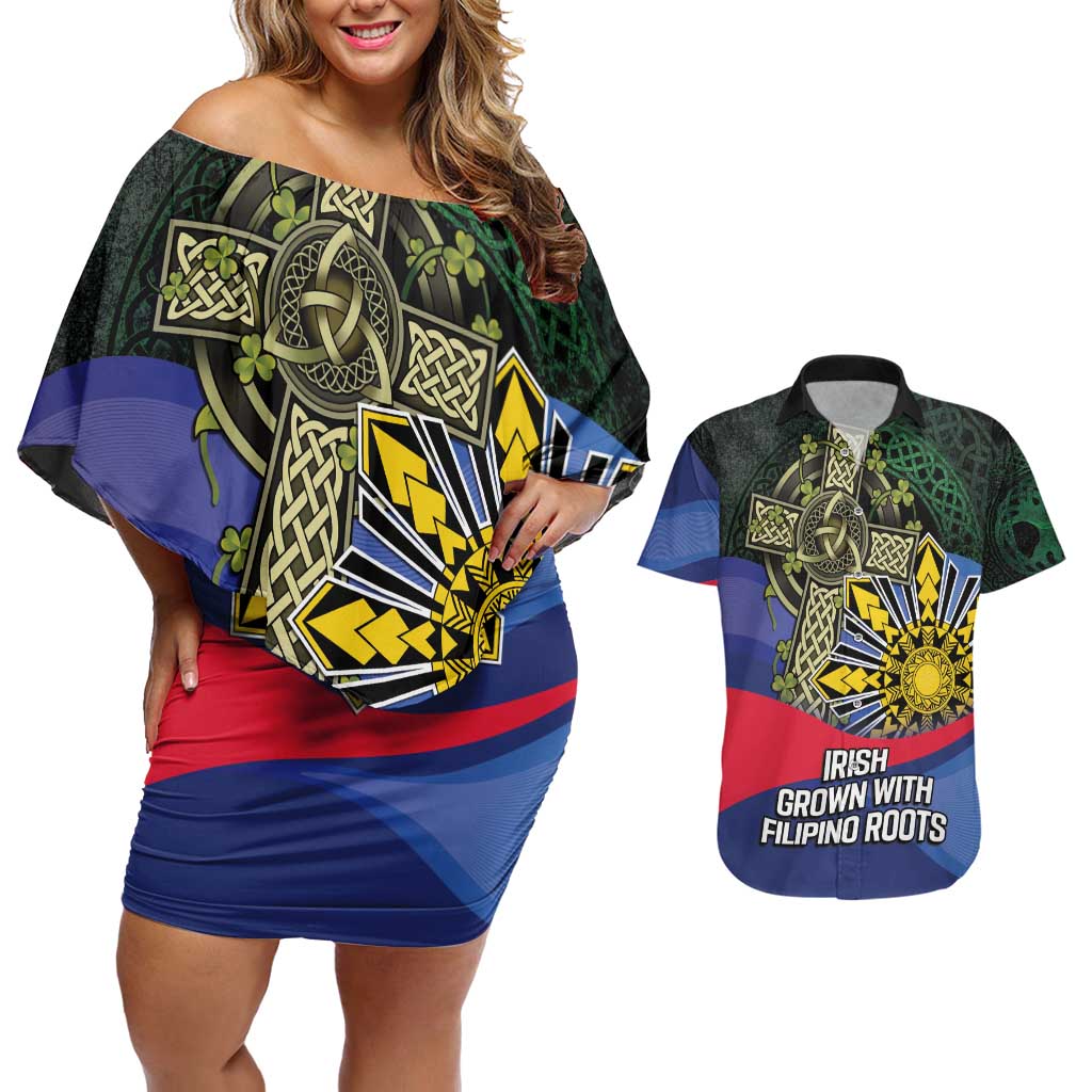 Personalized Irish Grown With Filipino Roots Couples Matching Off Shoulder Short Dress and Hawaiian Shirt