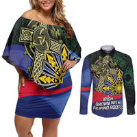 Personalized Irish Grown With Filipino Roots Couples Matching Off Shoulder Short Dress and Long Sleeve Button Shirt