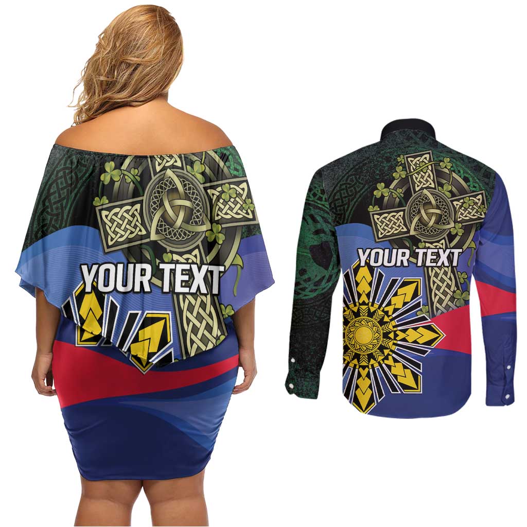 Personalized Irish Grown With Filipino Roots Couples Matching Off Shoulder Short Dress and Long Sleeve Button Shirt